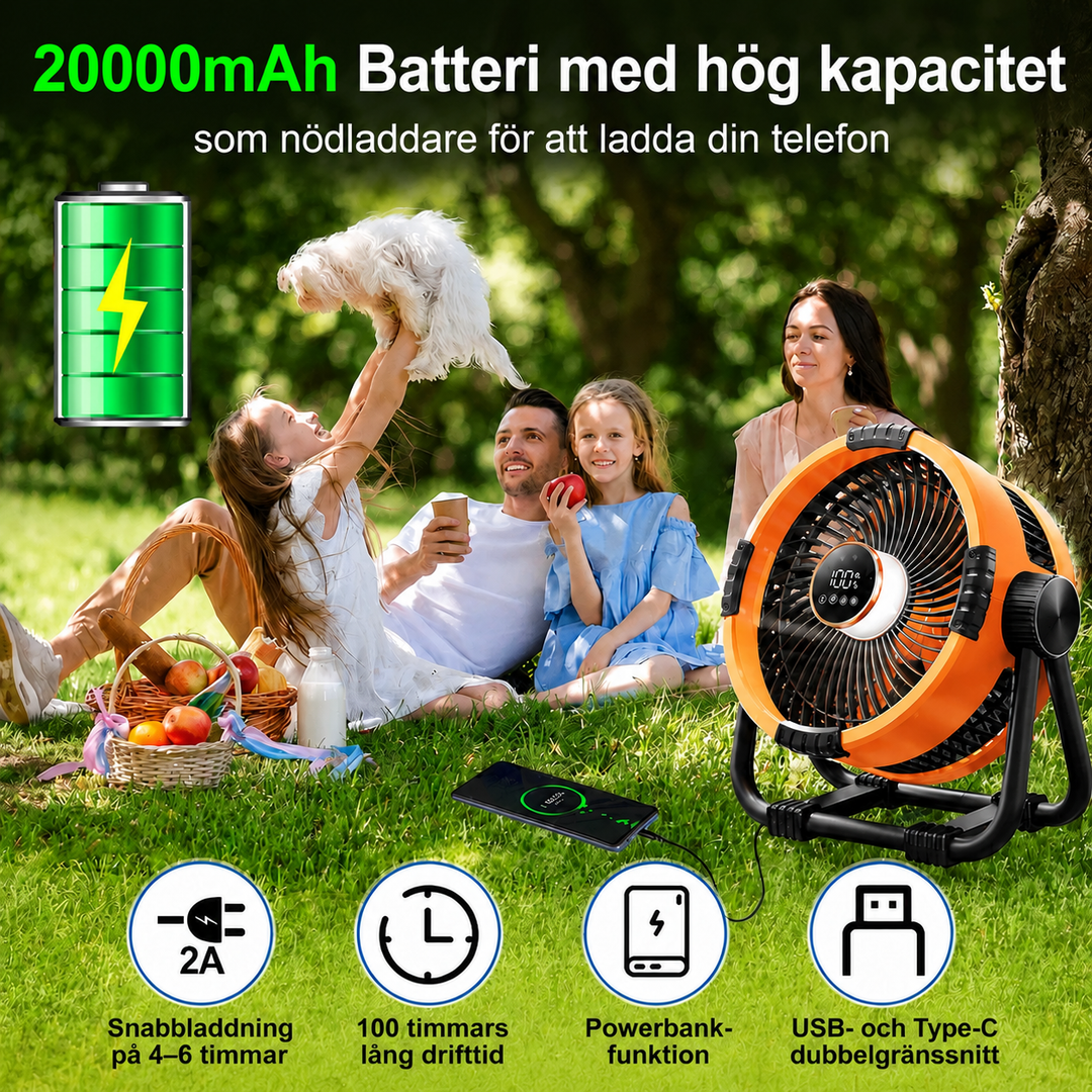 Campingfläkt med 20 000 mAh Powerbank