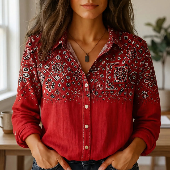 Clayvera - Boho-Print Long Sleeve Button-Down Shirt