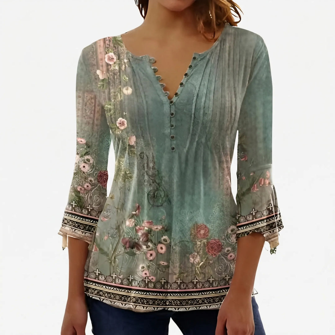 Floravia - Floral Print Women's Button-Neck Blouse
