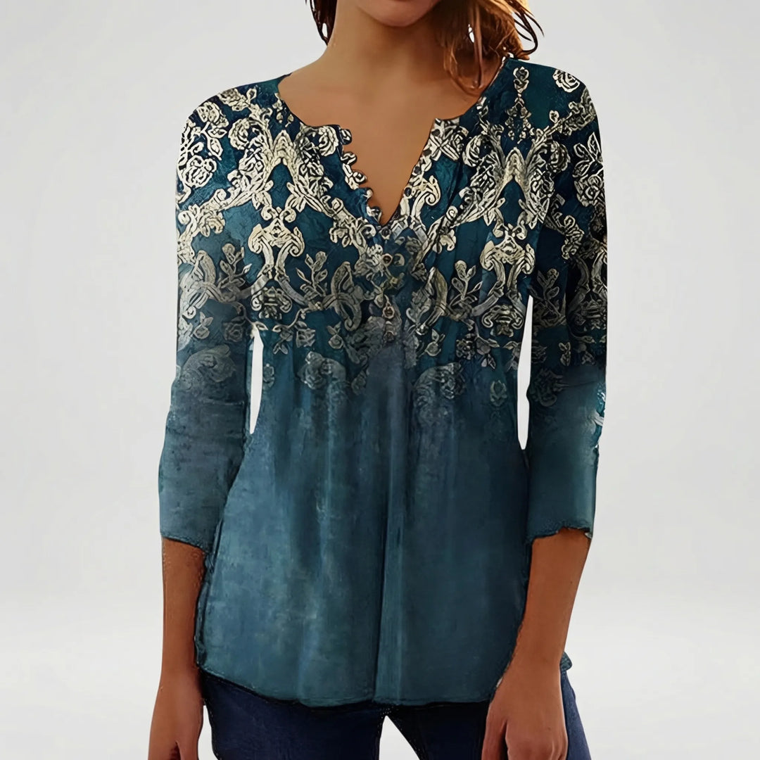 Floravia - Floral Print Women's Button-Neck Blouse