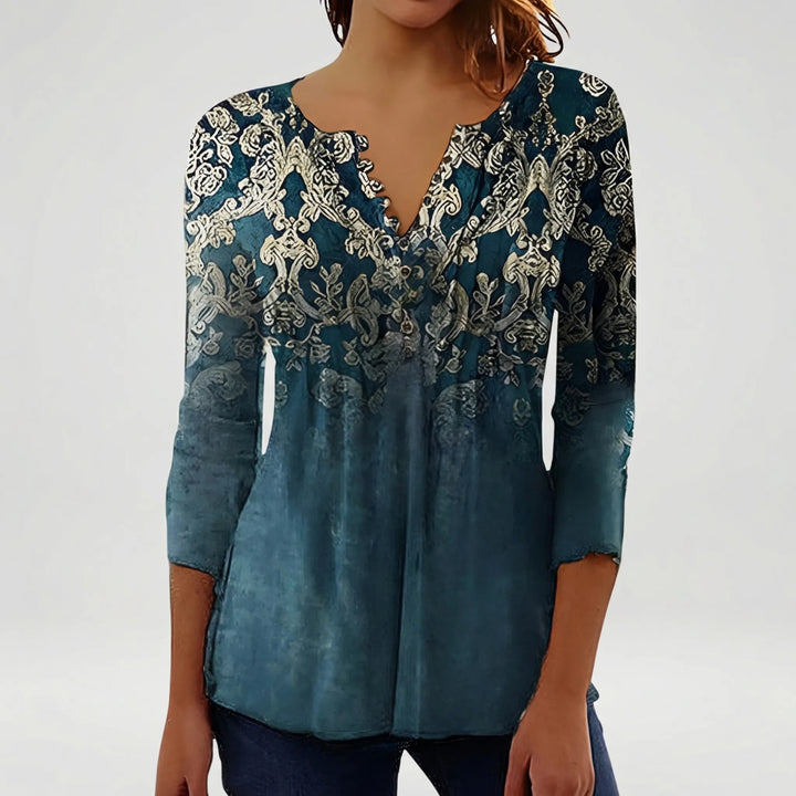 Floravia - Floral Print Women's Button-Neck Blouse
