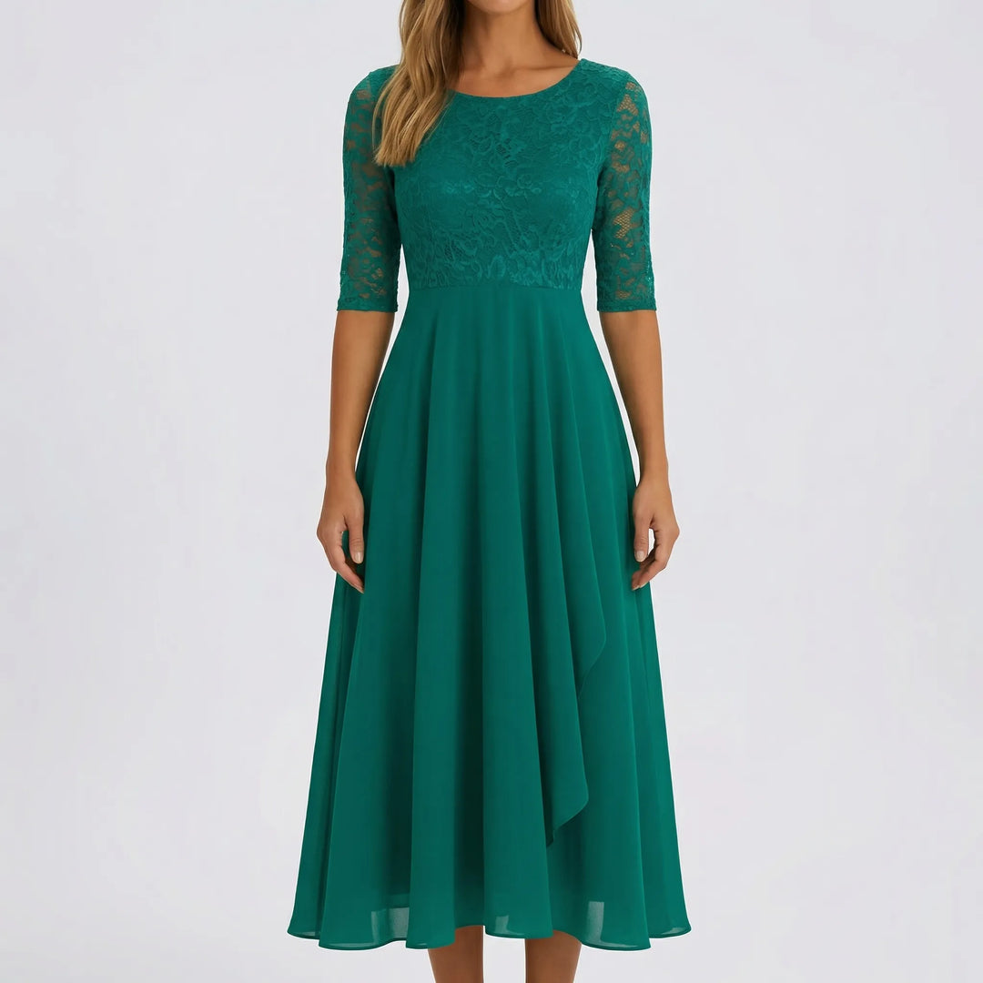 Florawyn - Midi-Length Lace Bodice Dress