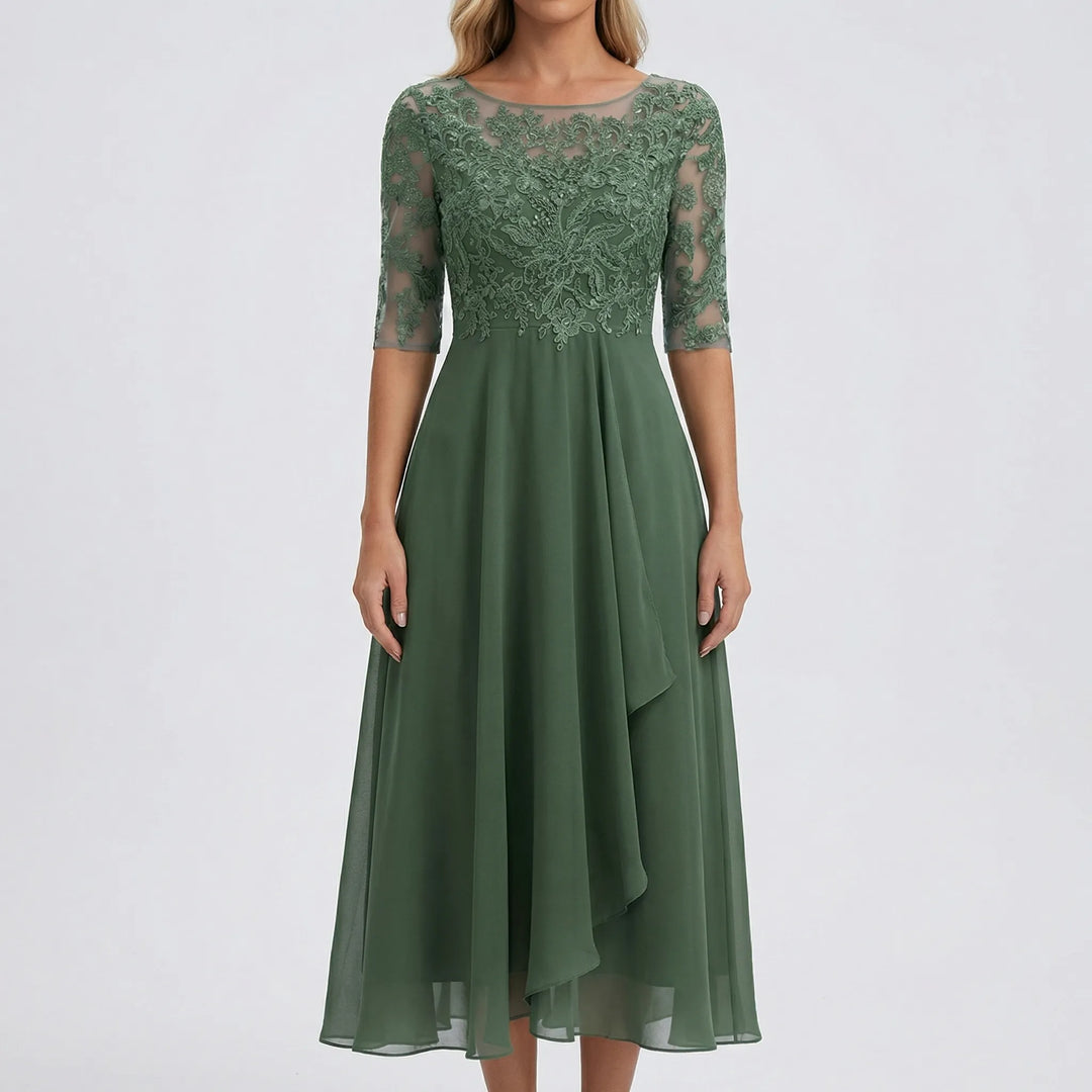 Florawyn - Midi-Length Lace Bodice Dress