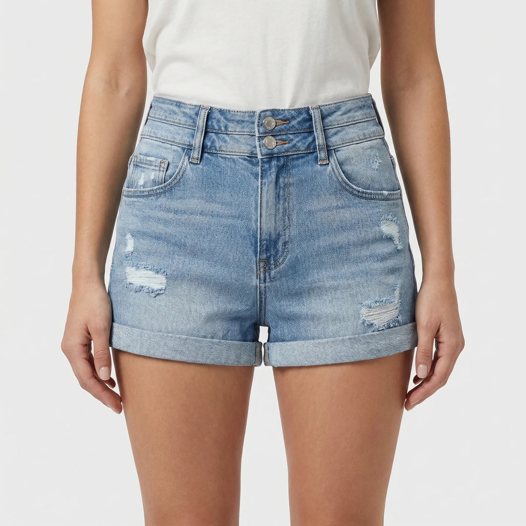 Frayve - Ripped Cuffed Denim Shorts For Women
