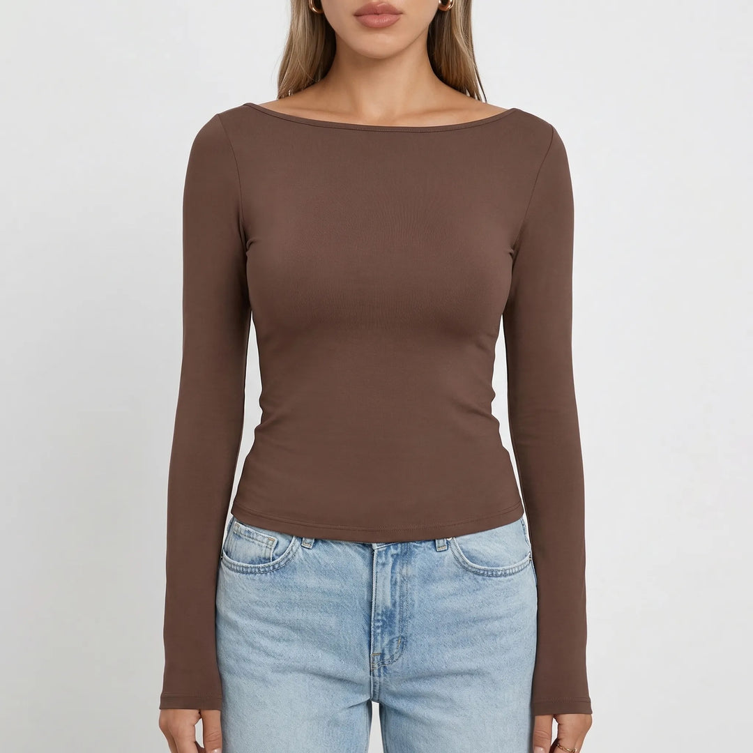 Navella - Fitted Boat Neck Long Sleeve Top