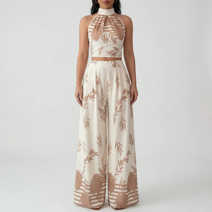 Palmique - Botanical Print Halter Crop Top Set