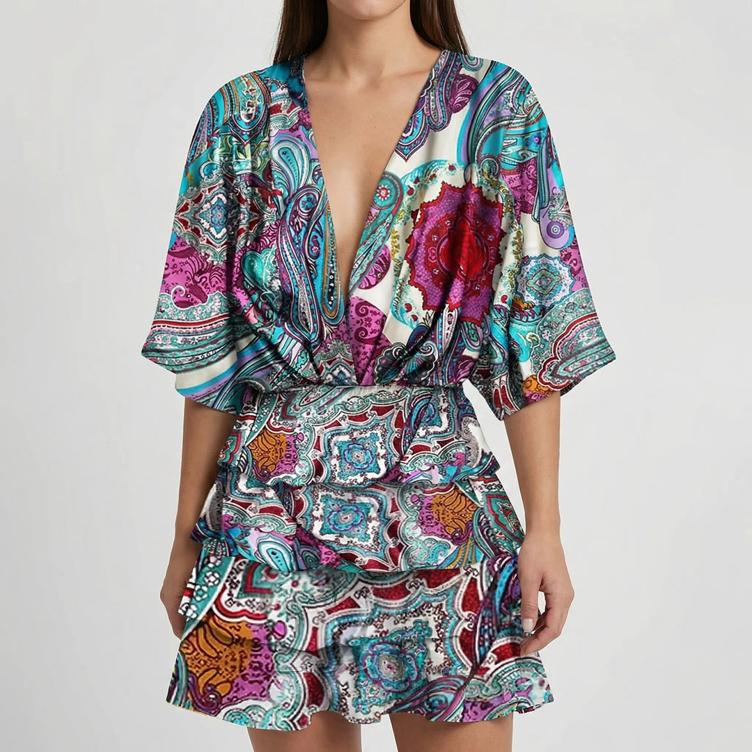 Palvera - Deep V-Neck Batwing Sleeve Mini Dress