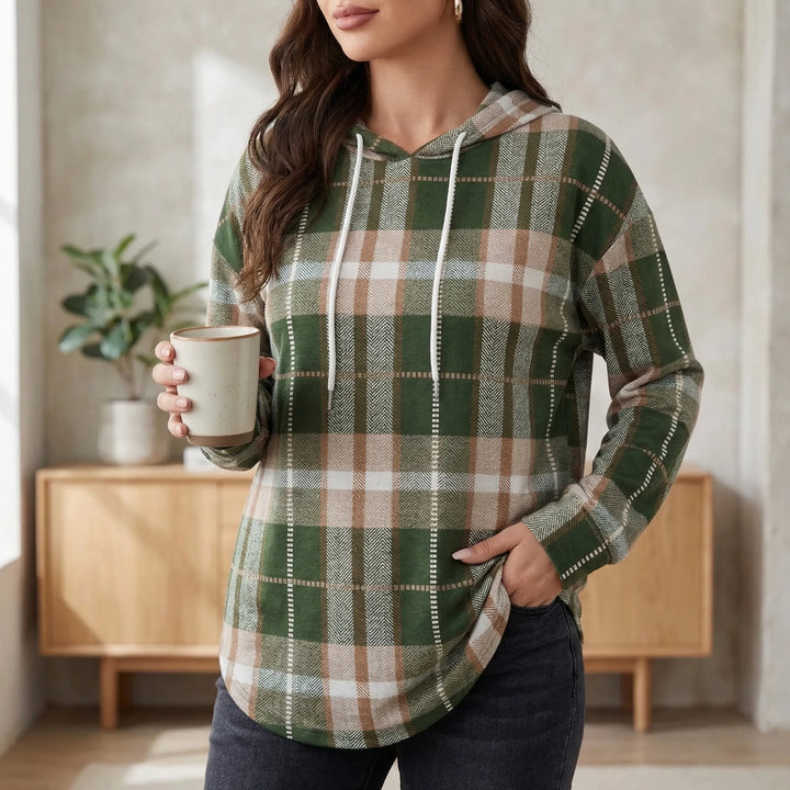 Plaidora - Long Sleeve Plaid Print Hoodie