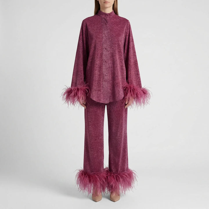 Plumara - Feather-Trimmed Two-Piece Shirt And Trouser Set