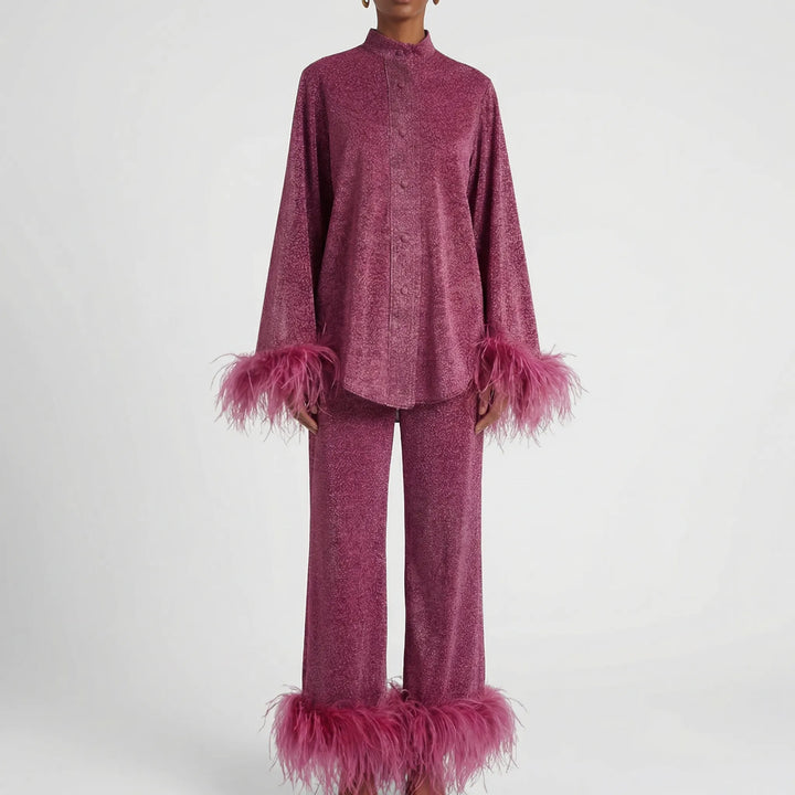 Plumeva - Feather-Trimmed Two-Piece Shirt And Trouser Set