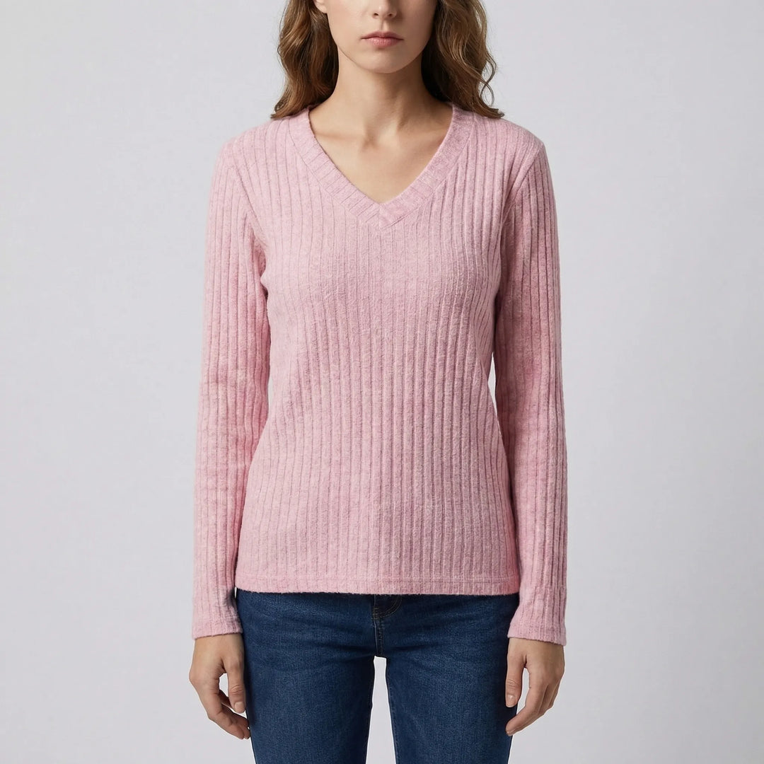 Ribvera - V-Neck Ribbed Long Sleeve Top