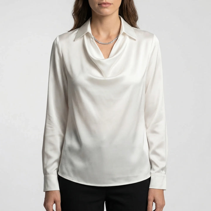 Satinova - Draped Cowl Collar Long Sleeve Blouse