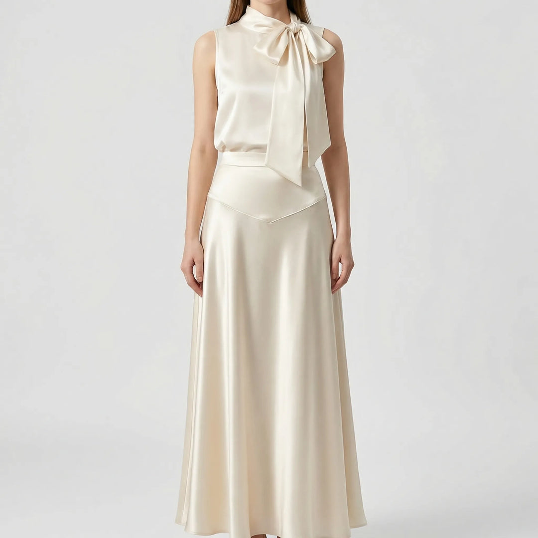 Satinya - Sleeveless Bow-Neck Top And Midi Skirt Set
