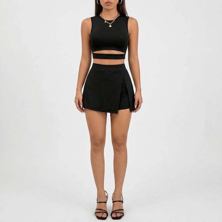 Skortiva - Hollow-Out Crop Vest And Split Skort Set