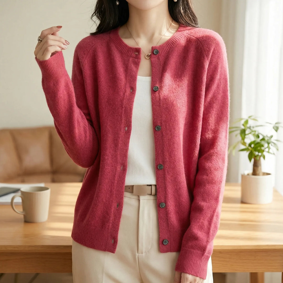 Softera - Button-Front O-Neck Women's Cardigan