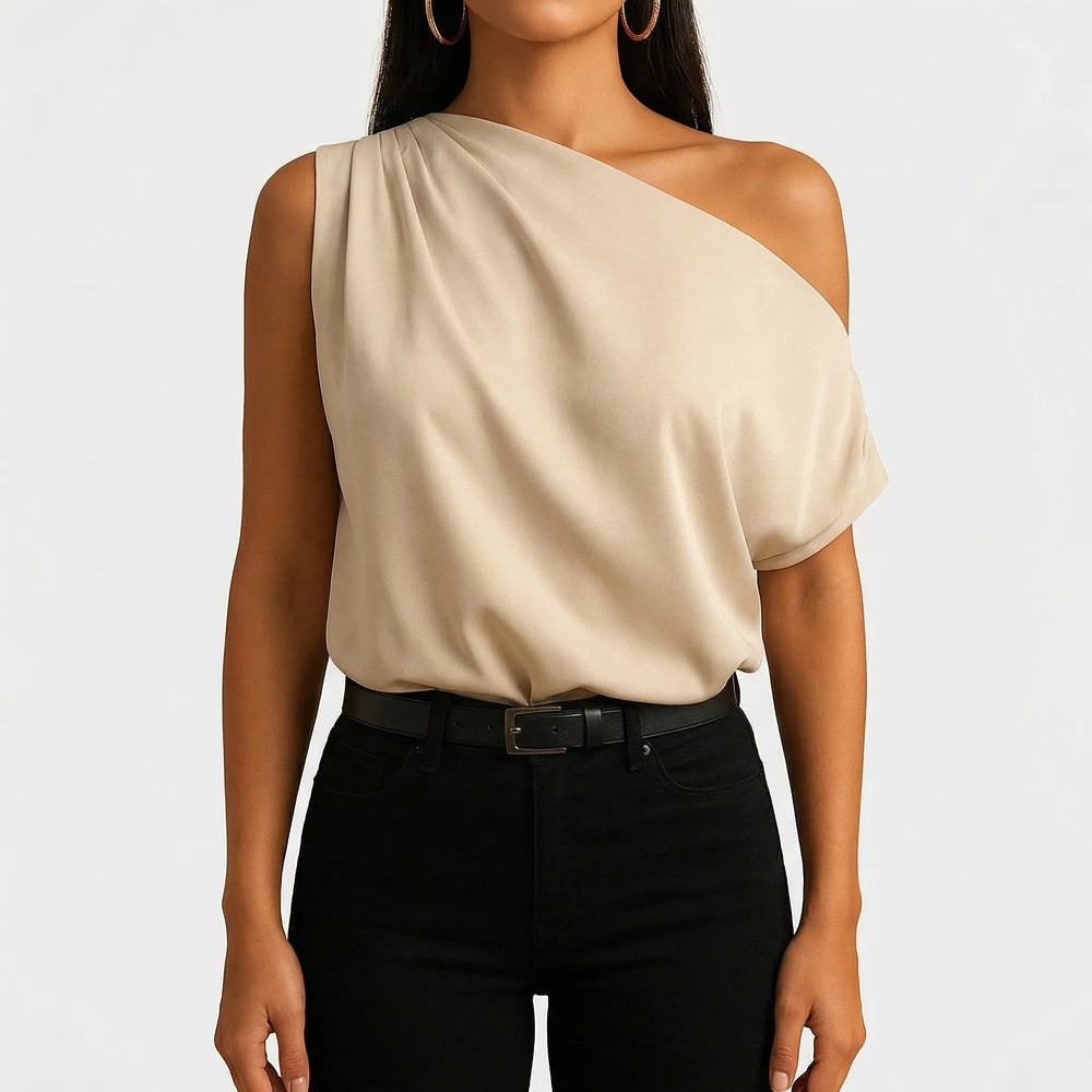 Sollaire - One-Shoulder Draped Short-Sleeve Top