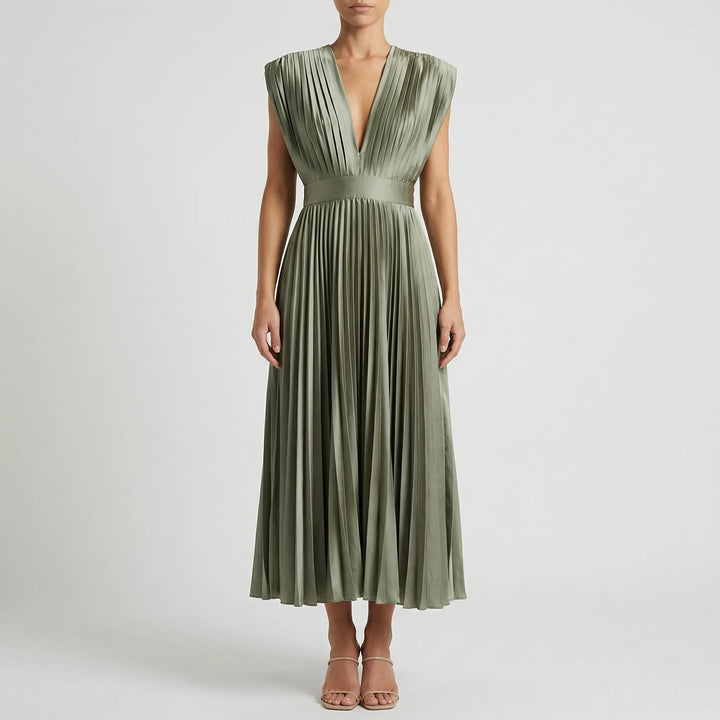 Sylvenne - Sleeveless V-Neck Pleated Midi Dress