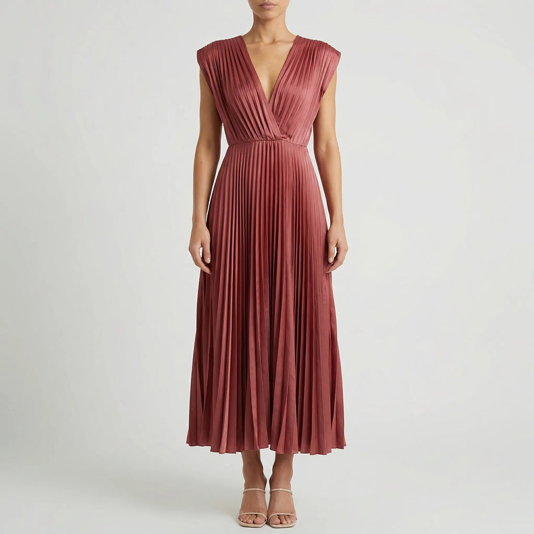 Sylvenne - Sleeveless V-Neck Pleated Midi Dress