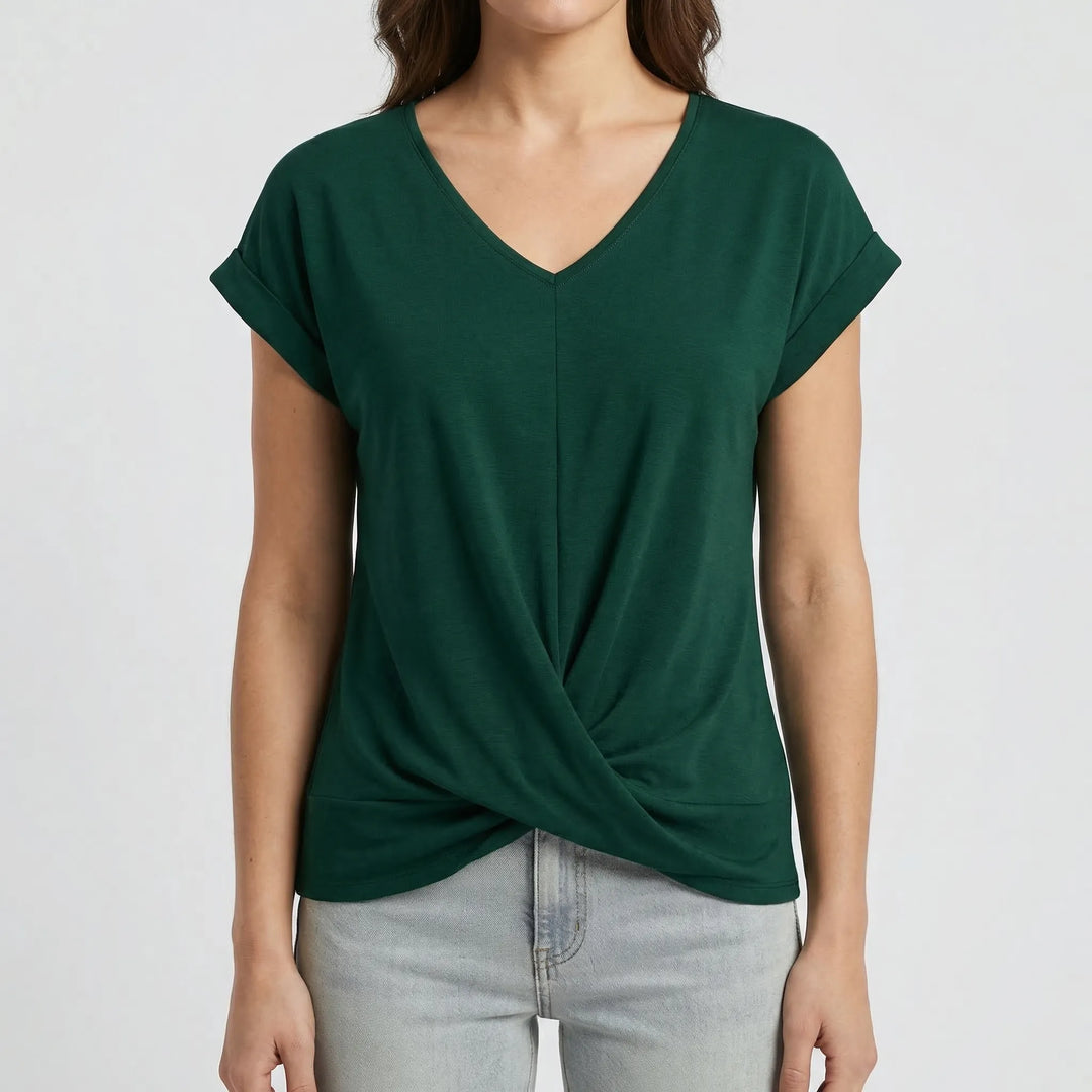Twixelle - V-Neck Twisted Hem Short Sleeve Tee