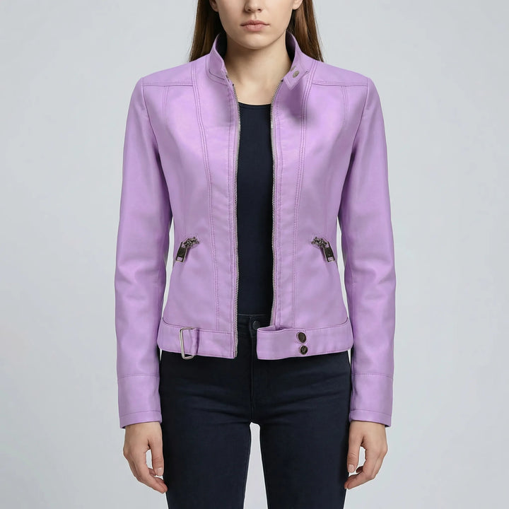 Zephirra - Stand Collar Zip-Front Biker Jacket