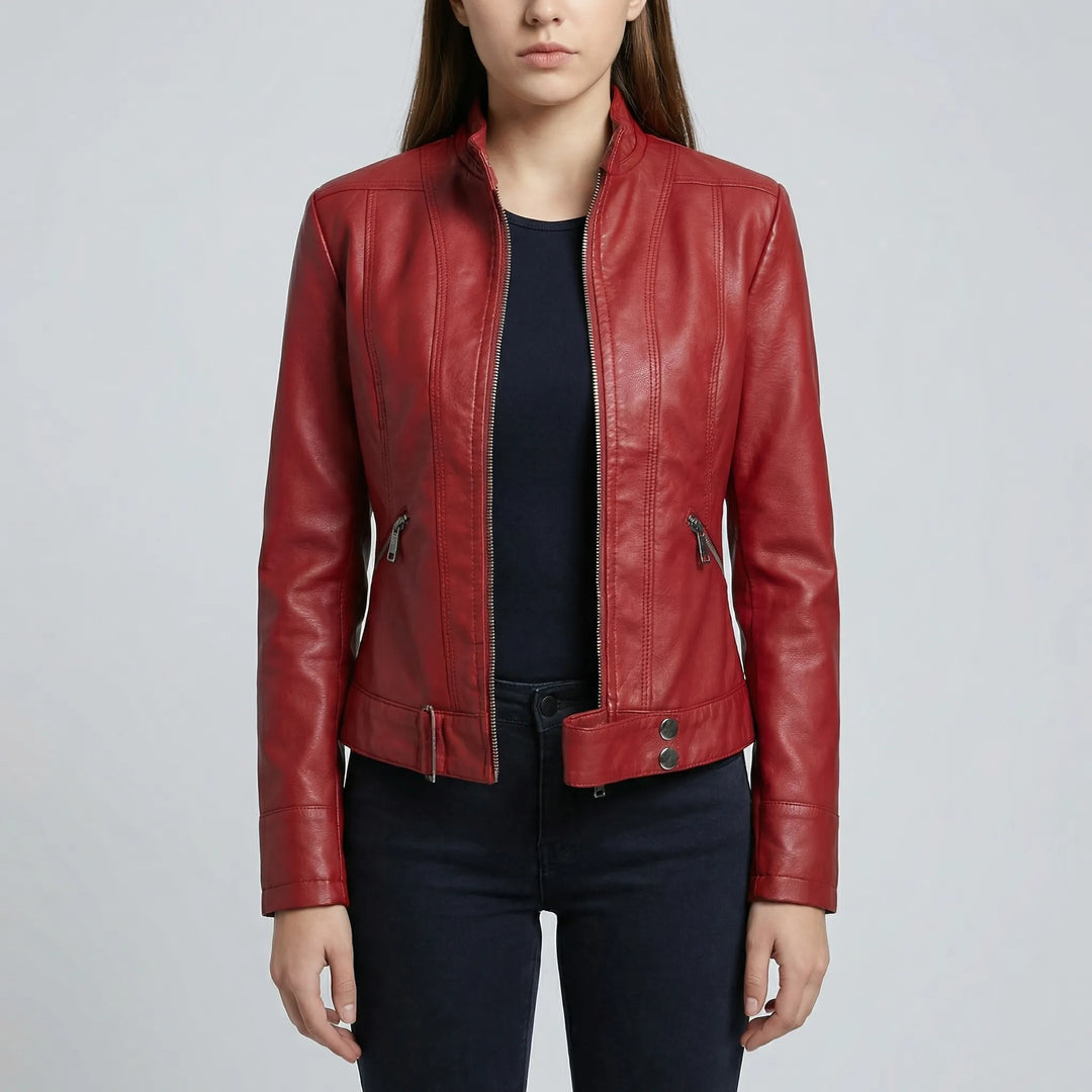 Zephirra - Stand Collar Zip-Front Biker Jacket